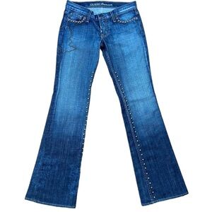 GUESS premium jeans low rise wide leg stretch denim studs floral print on leg 27